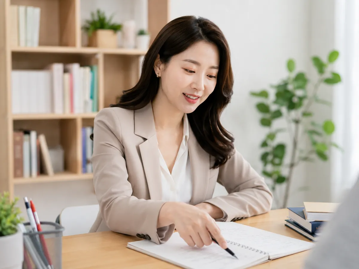 학생 수준에 맞춰 수업을 준비하고 설명하는 한국인 선생님 수업 이미지