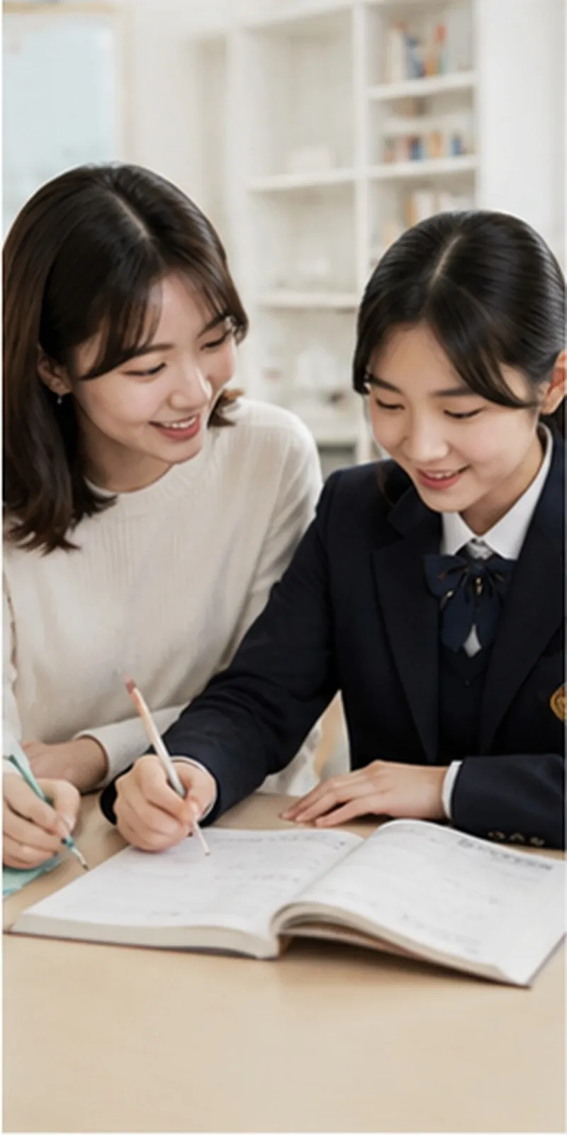 학생 수준에 맞춰 수업을 준비하고 설명하는 한국인 선생님 수업 이미지