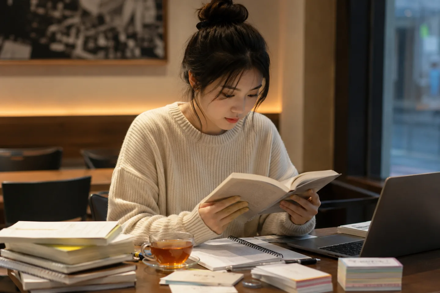 책과 노트를 펼쳐 두고 시험을 준비하는 학습자