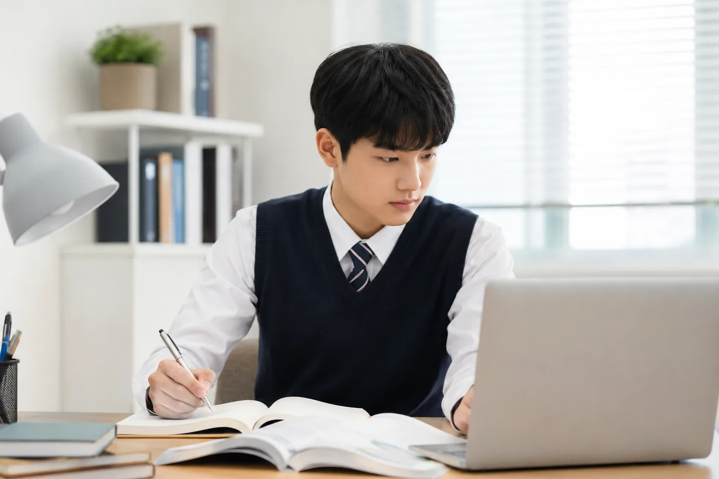노트북과 교재를 활용해 집중해서 공부하는 학생