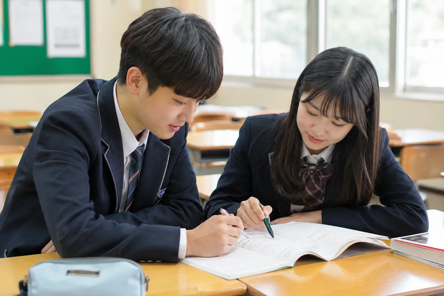 교실에서 두 학생이 함께 문제를 확인하는 모습