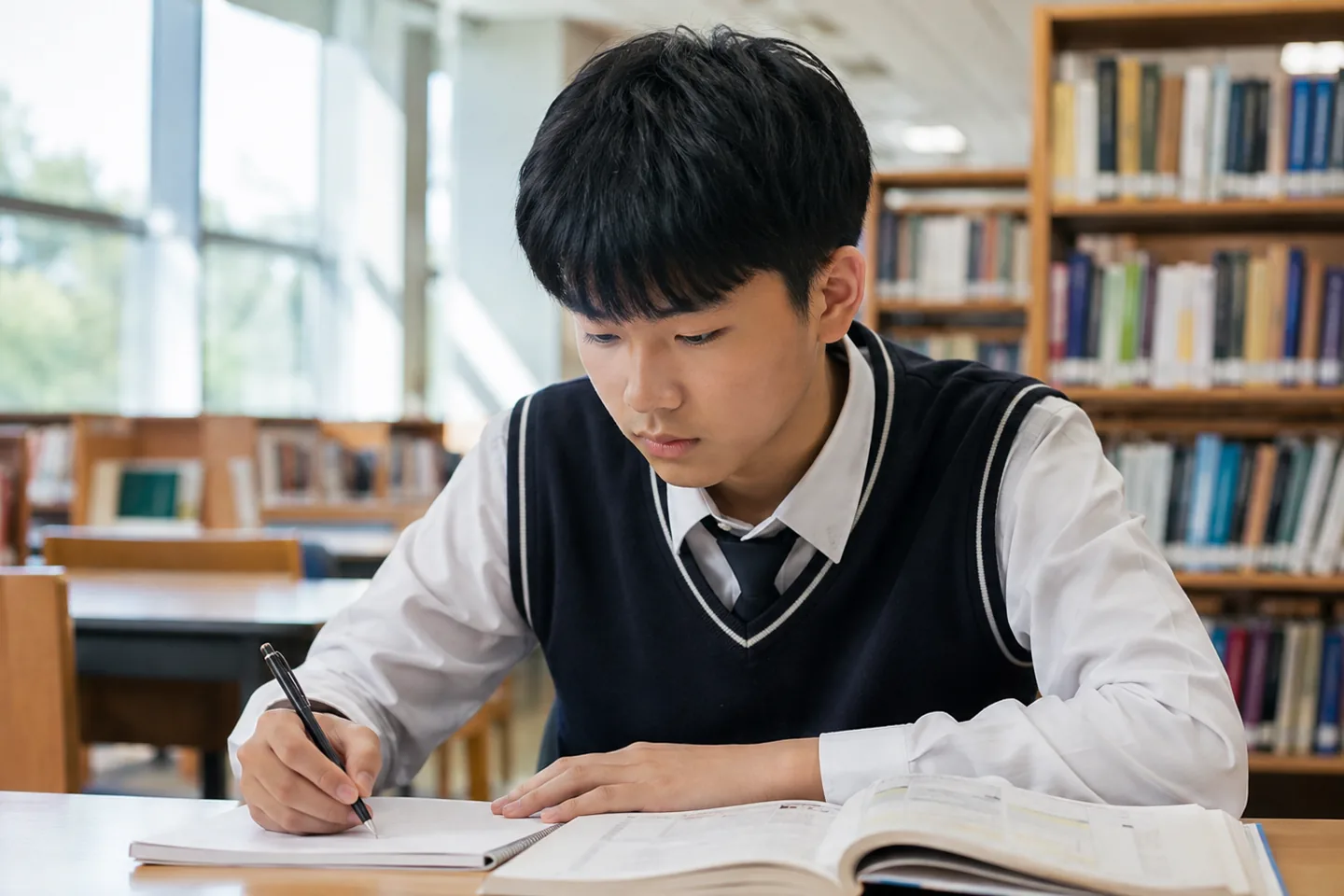 도서관에서 교재와 노트로 공부하는 중학생