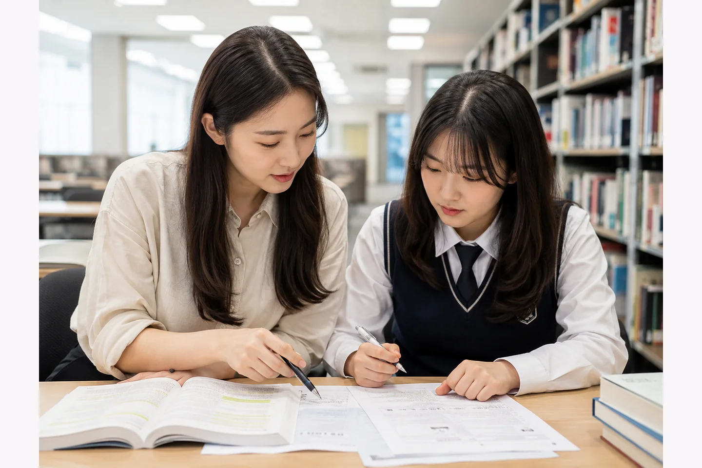 도서관에서 선생님과 학생이 교재와 문제를 함께 확인하는 학습 장면 예시