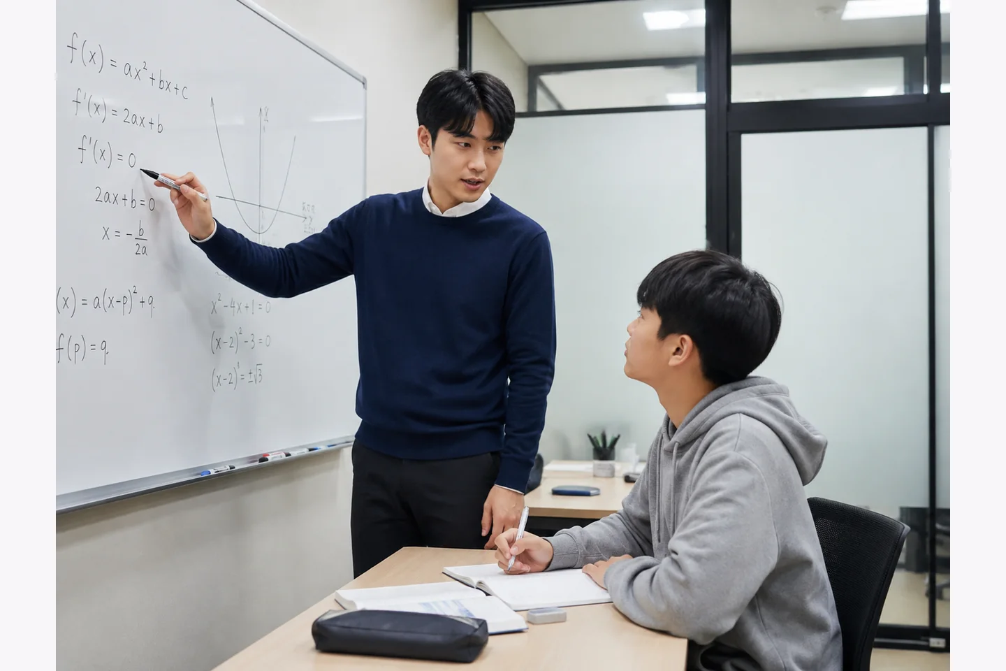 선생님이 학생에게 수학 개념과 풀이 과정을 설명하는 학습 장면 예시