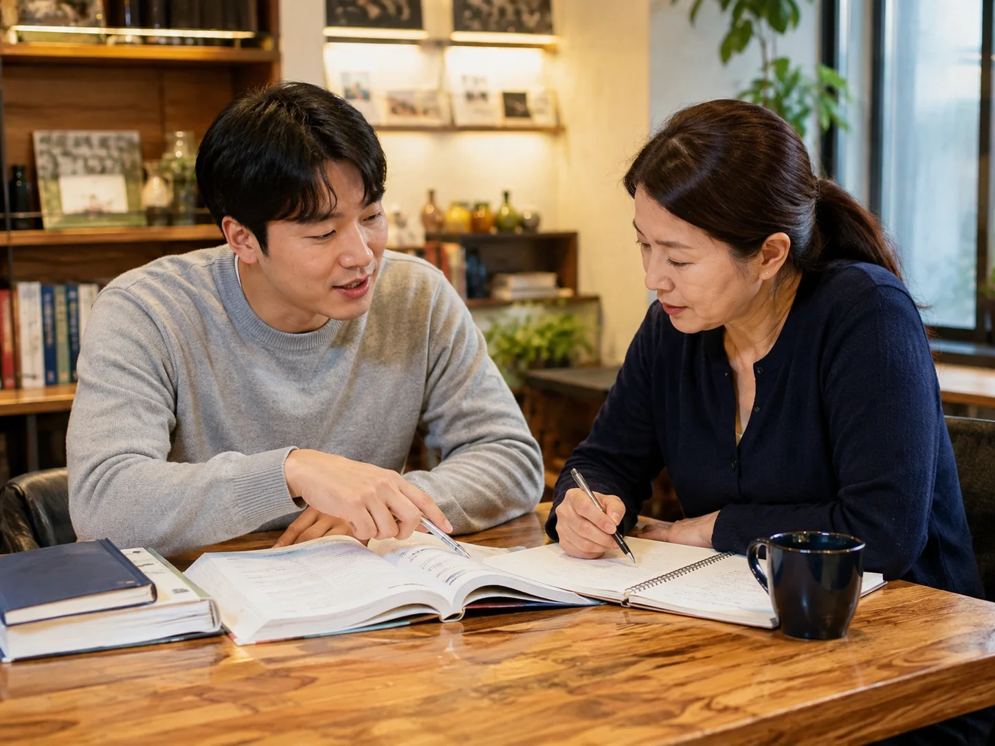 선생님과 성인 학습자가 교재와 노트를 함께 보며 공부하는 학습 장면 예시