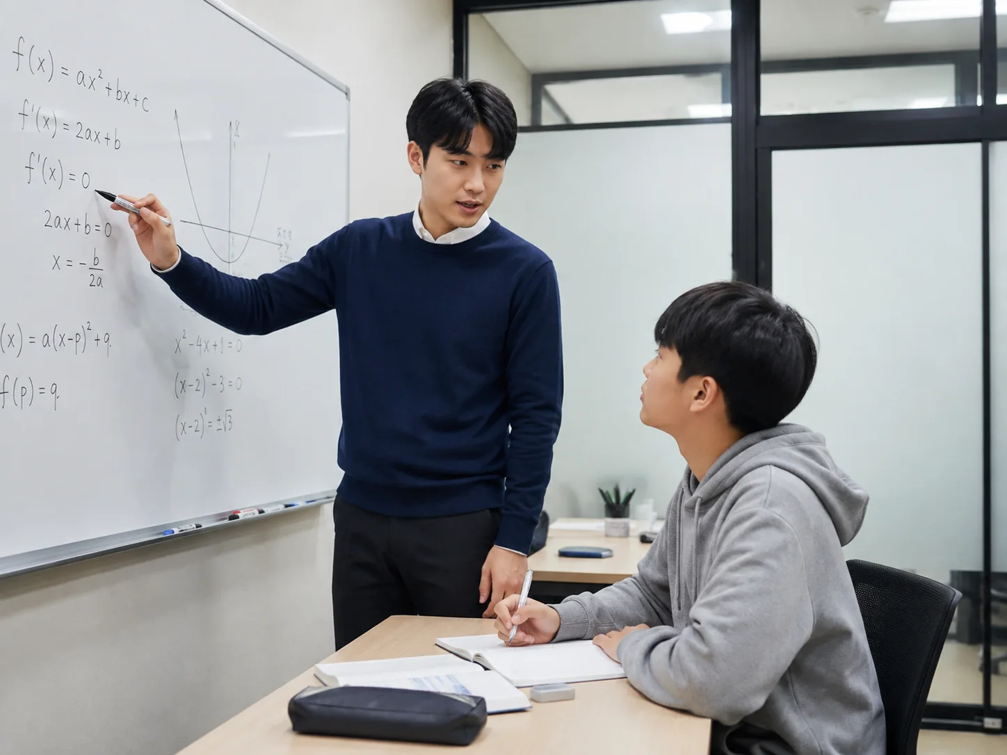 수학 선생님이 학생에게 개념과 풀이 과정을 설명하는 학습 장면 예시