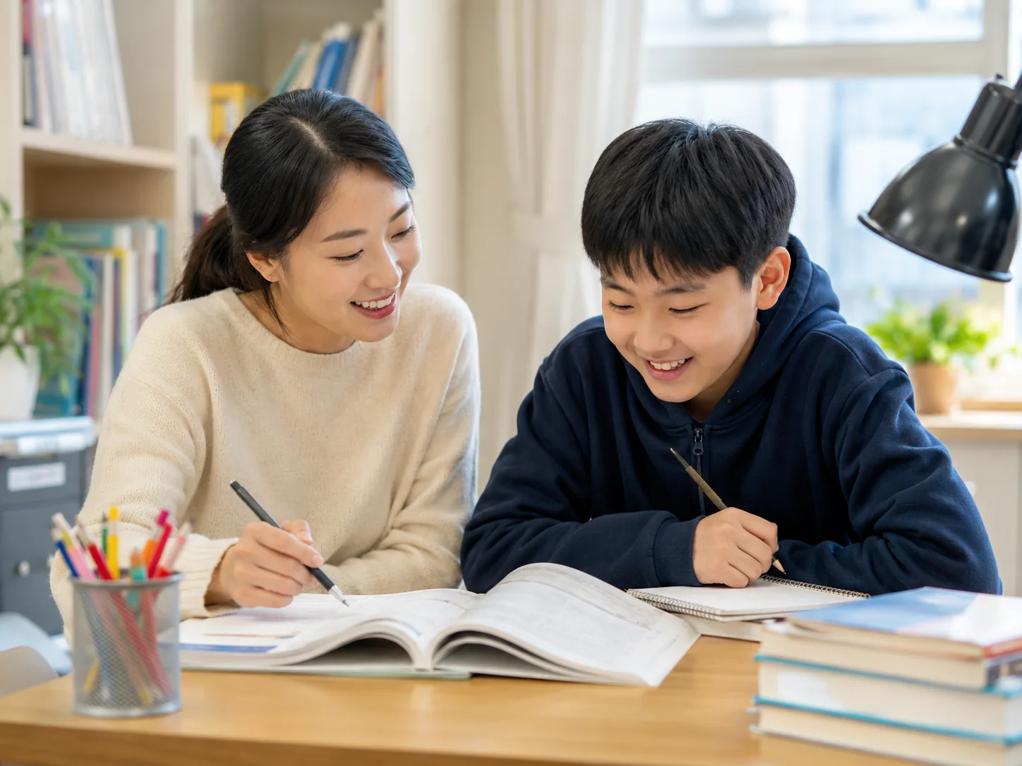 한국인 선생님과 남학생이 웃으며 교재를 함께 살펴보는 1대1 과외 수업