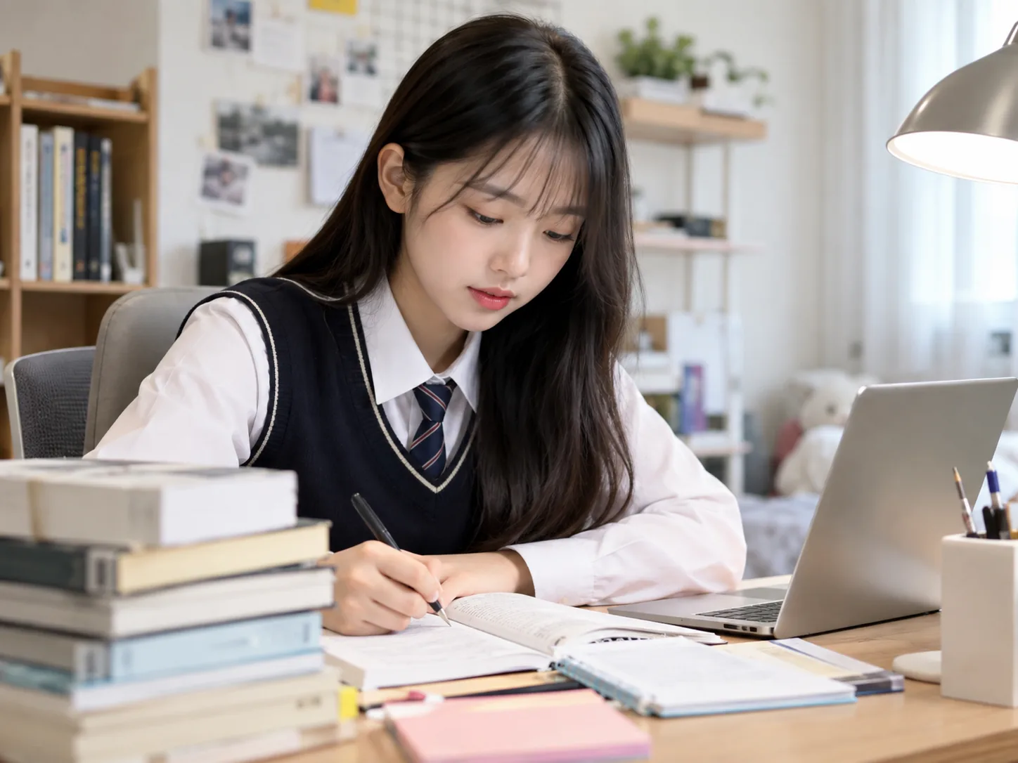 학생이 교재와 노트로 집중해 공부하는 학습 장면