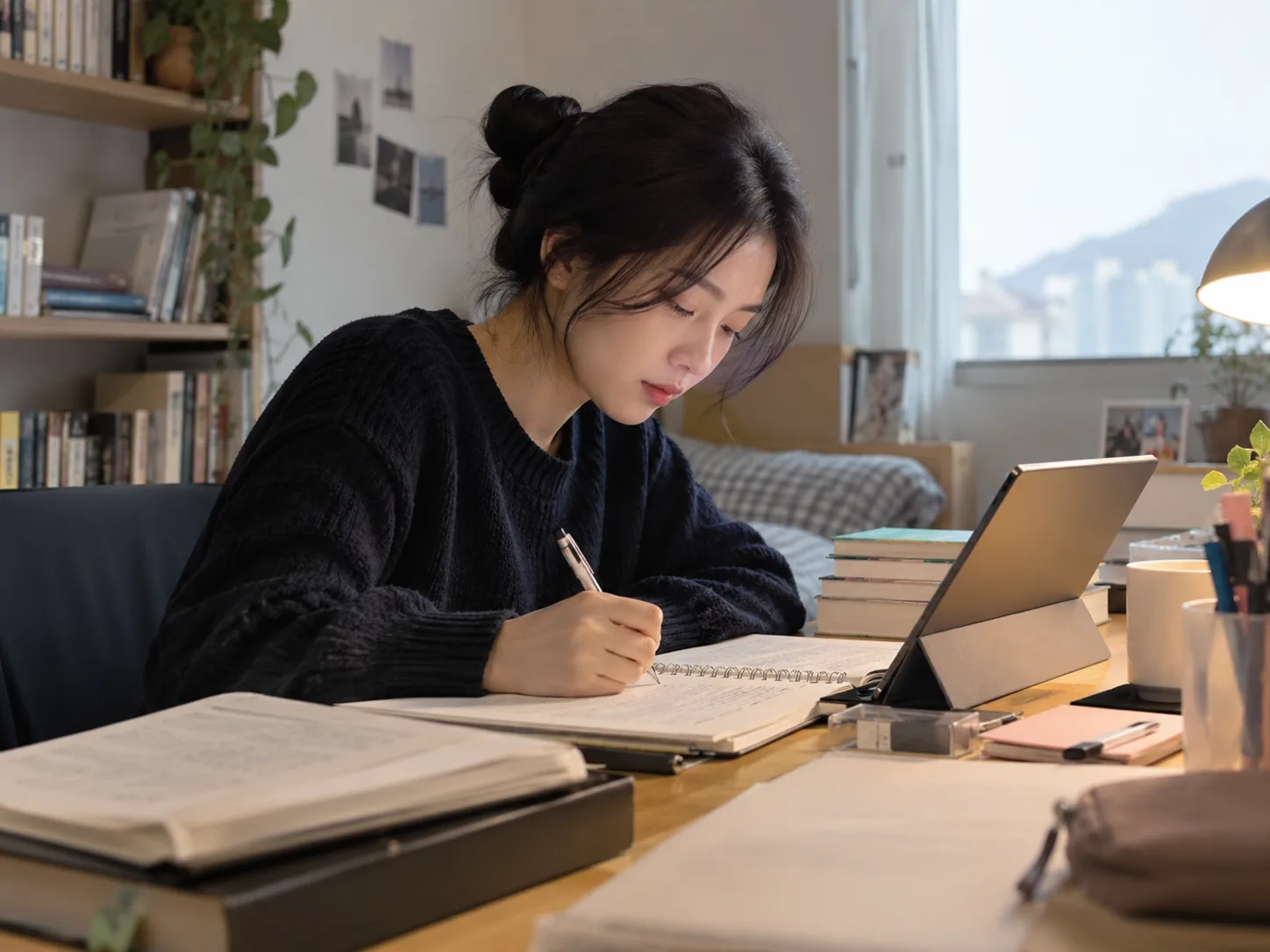학생이 교재와 노트로 집중해 공부하는 학습 장면
