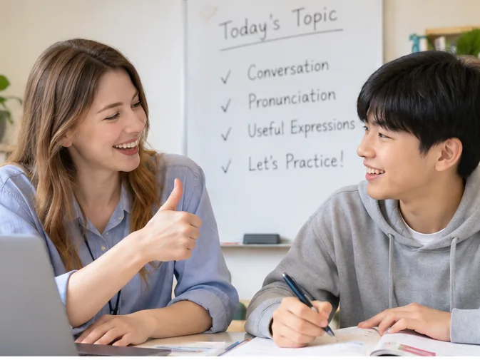 외국인 선생님과 학생이 영어회화를 연습하는 1:1 수업 장면