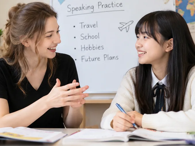 외국인 선생님과 학생이 영어회화를 연습하는 1:1 수업 장면