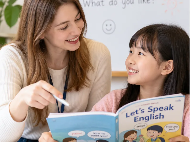외국인 선생님과 학생이 영어회화를 연습하는 1:1 수업 장면