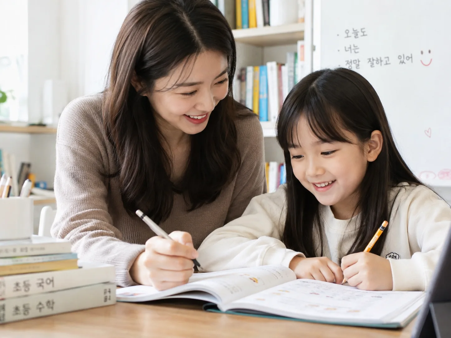 선생님과 학생이 함께 교재를 보며 공부하는 1:1 학습 장면