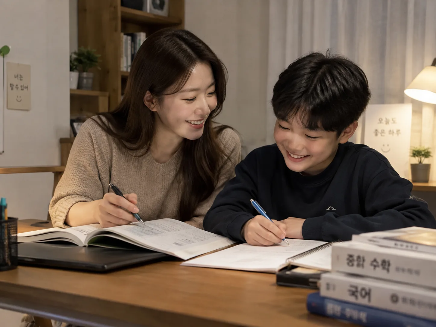 선생님과 학생이 함께 교재를 보며 공부하는 1:1 학습 장면