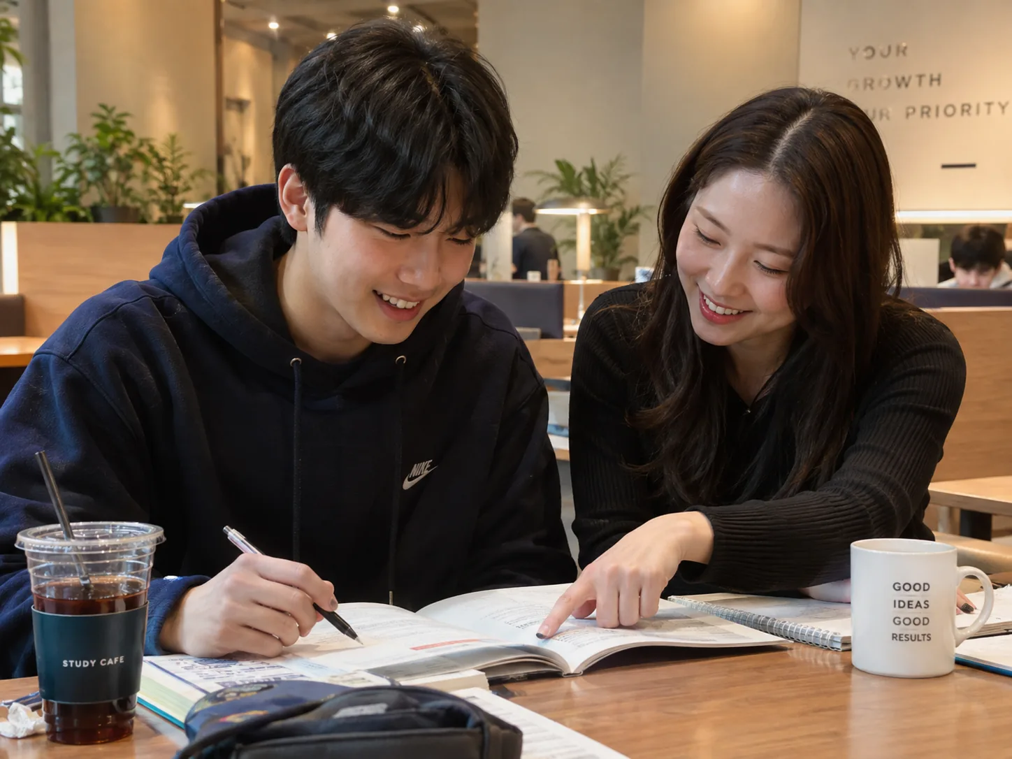 선생님과 학생이 함께 교재를 보며 공부하는 1:1 학습 장면