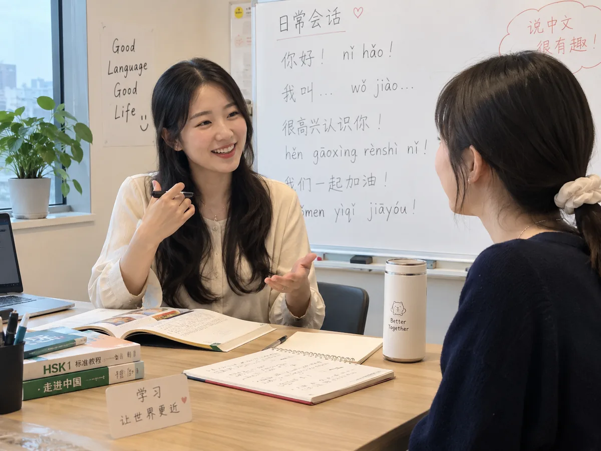 중국어 선생님과 학생이 중국어회화를 연습하는 맞춤 수업 장면