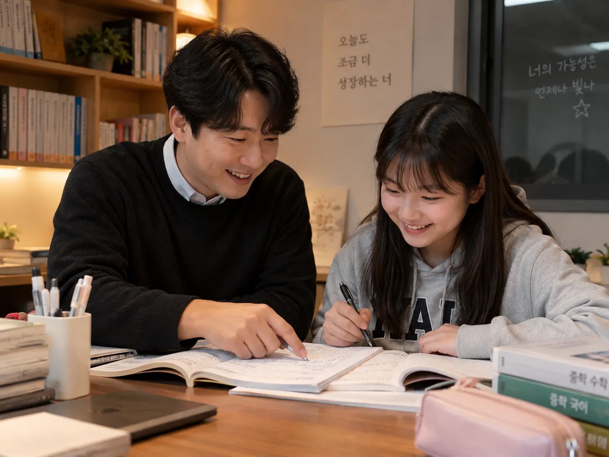 중학생이 선생님과 내신 문제를 확인하며 자기주도 학습을 이어가는 장면